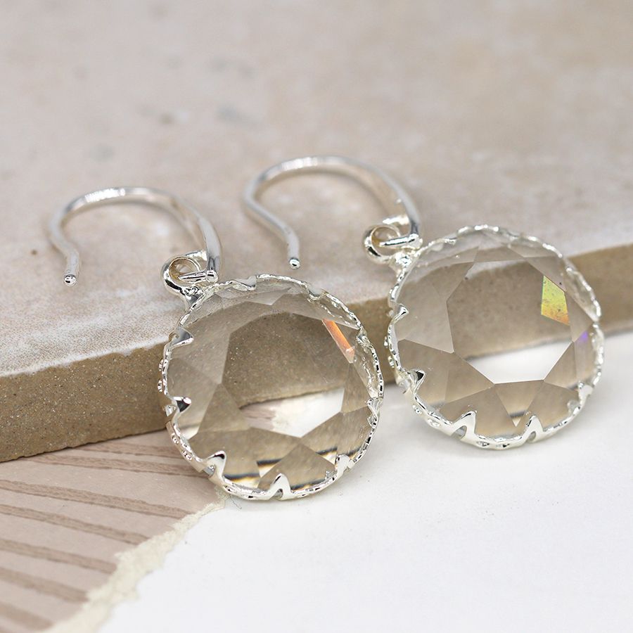 Silver Plated Round Faceted Crystal Earrings by Peace of Mind